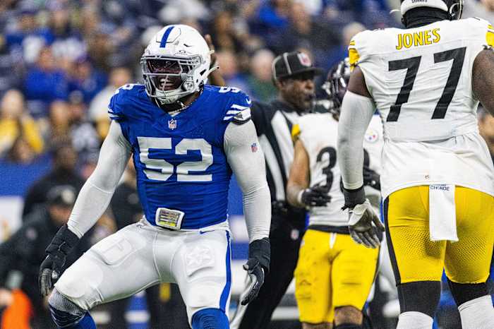 Dec 16, 2023; Indianapolis, Indiana, USA; Indianapolis Colts defensive end Samson Ebukam (52) celebrates a sack in the second half against the Pittsburgh Steelers at Lucas Oil Stadium. Mandatory Credit: Trevor Ruszkowski-USA TODAY Sports